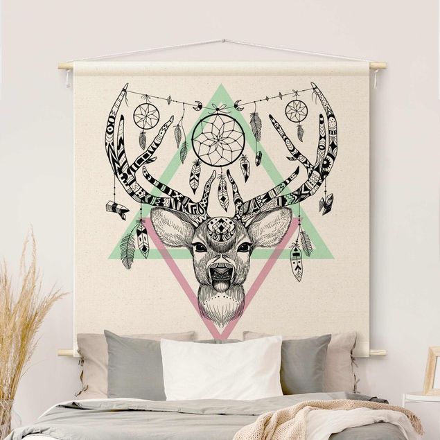 modern tapestry Boho Reindeer With Feathers