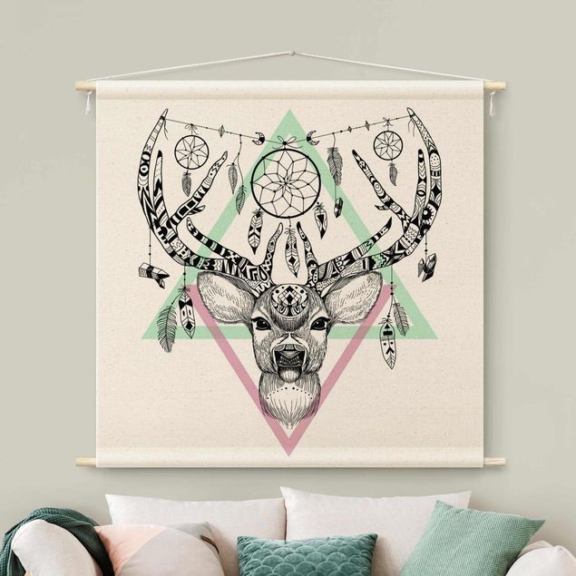 mandala tapestry Boho Reindeer With Feathers