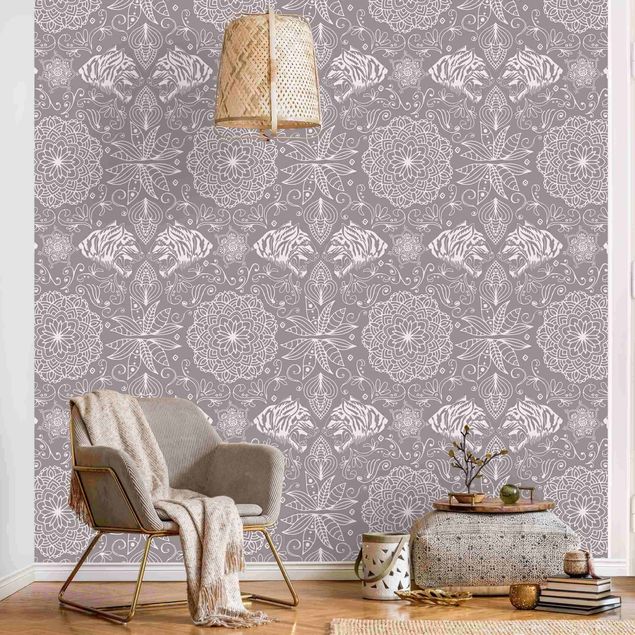 Wallpapers Boho Tiger Pattern With Mandala In Warm Grey