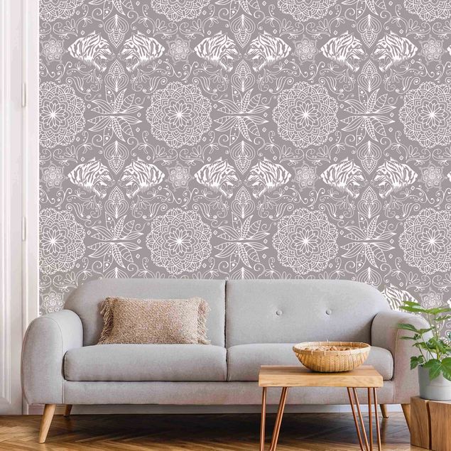 Wallpaper - Boho Tiger Pattern With Mandala In Warm Grey