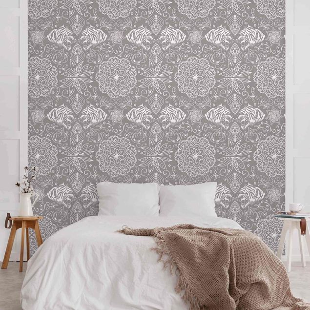 Wallpaper - Boho Tiger Pattern With Mandala In Warm Grey