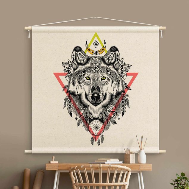 mandala tapestry Boho Wolf With Dreamcatcher