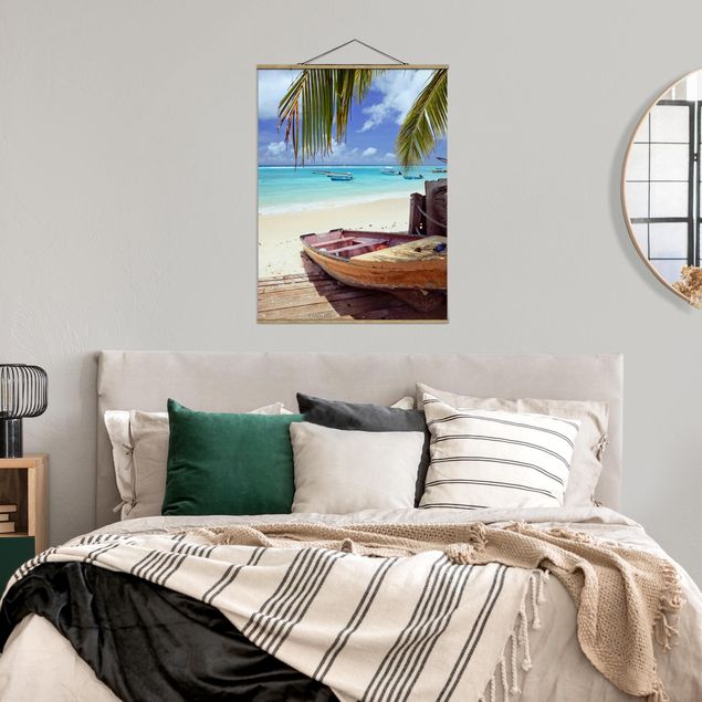 Fabric print with poster hangers - Boat Beneath Palm Trees