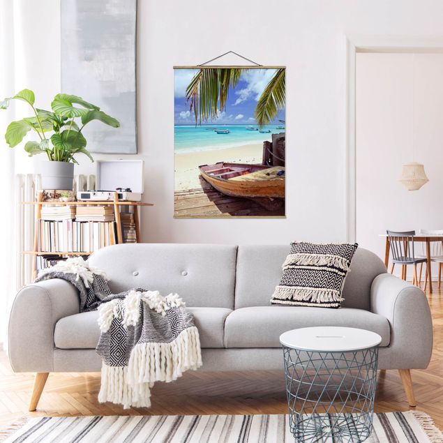 Fabric print with poster hangers - Boat Beneath Palm Trees