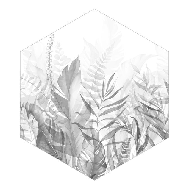 Self-adhesive hexagonal wall mural - Botany - Tropical Leaves Grey