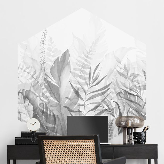 Hexagonal wall mural Botany - Tropical Leaves Grey