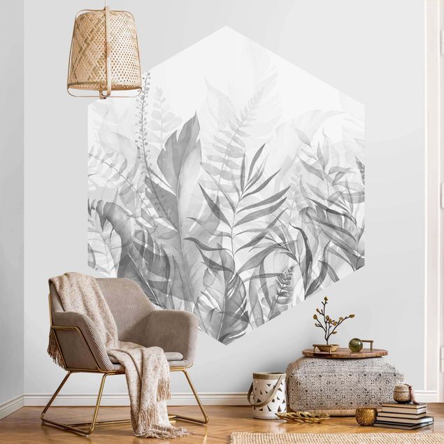 Self-adhesive hexagonal pattern wallpaper - Botany - Tropical Leaves Grey