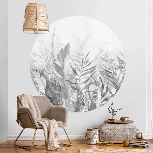 Self-adhesive round wallpaper - Botany - Tropical Leaves Grey