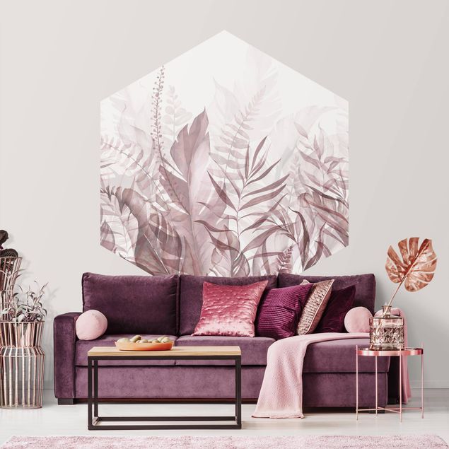 Self-adhesive hexagonal wall mural - Botany - Tropical Leaves Pink