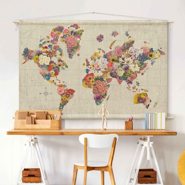 modern tapestry wall hanging Botanical world map