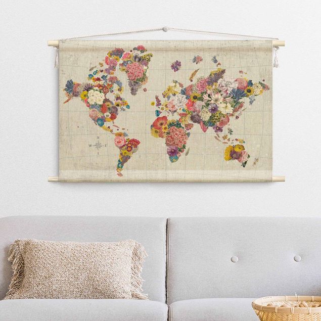 vintage wall tapestry Botanical world map