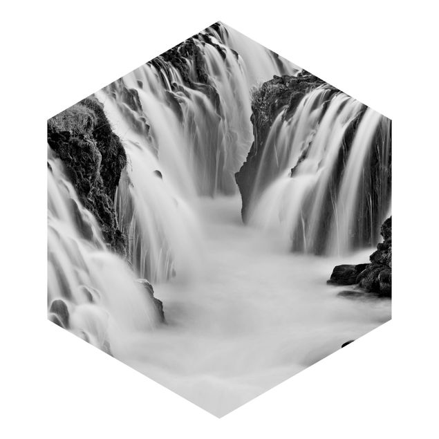 Self-adhesive hexagonal pattern wallpaper - Brúarfoss Waterfall In Iceland Black And White