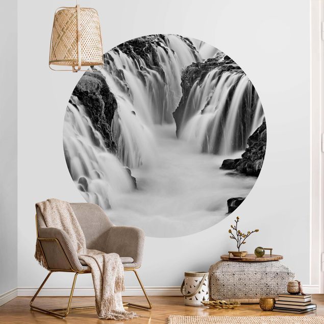 Self-adhesive round wallpaper - Brúarfoss Waterfall In Iceland Black And White