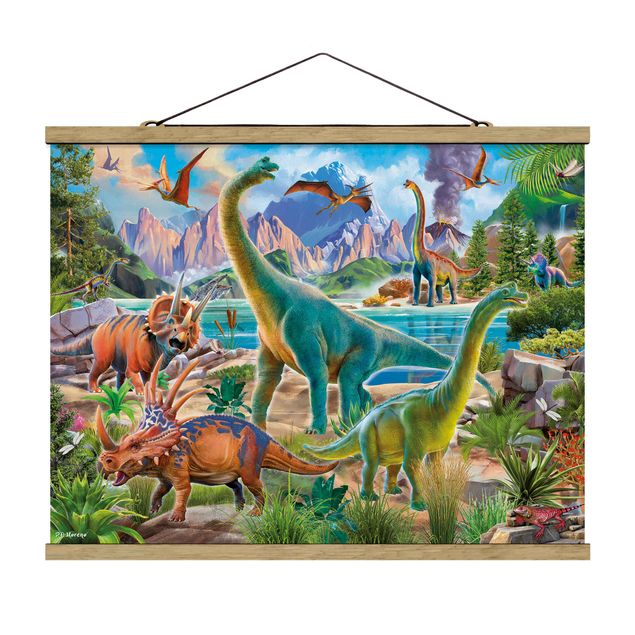 Fabric print with poster hangers - Brachiosaurus And Tricaterops - Landscape format 4:3