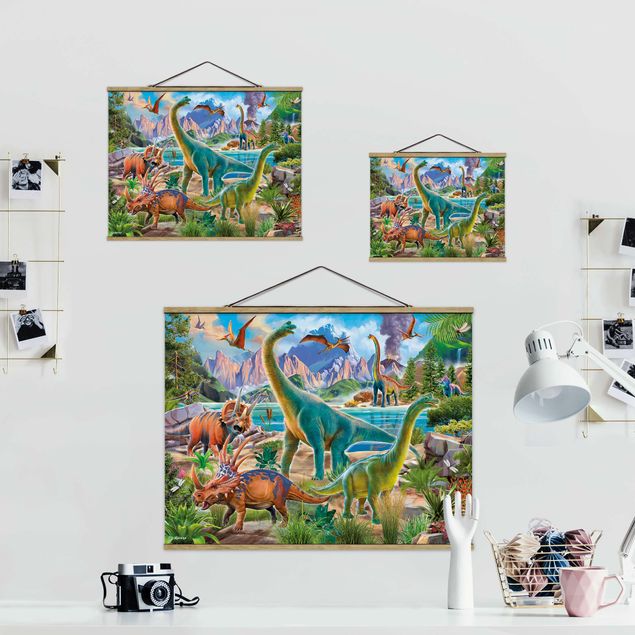 Fabric print with poster hangers - Brachiosaurus And Tricaterops - Landscape format 4:3