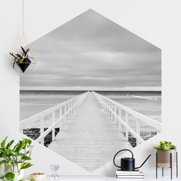 Self-adhesive hexagonal wall mural Bridge In Sweden Black And White