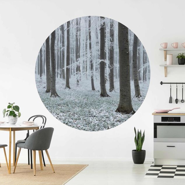 Self-adhesive round wallpaper forest - Beeches With Hoarfrost