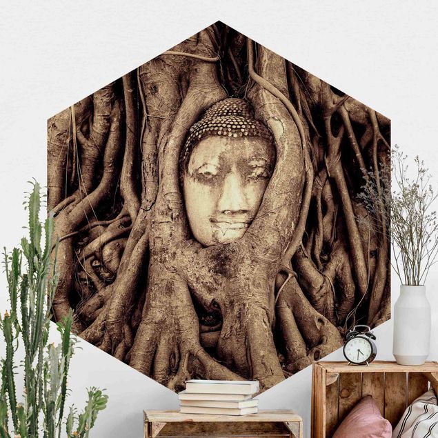 Hexagonal wall mural Buddha In Ayutthaya Lined With Tree Roots In Brown