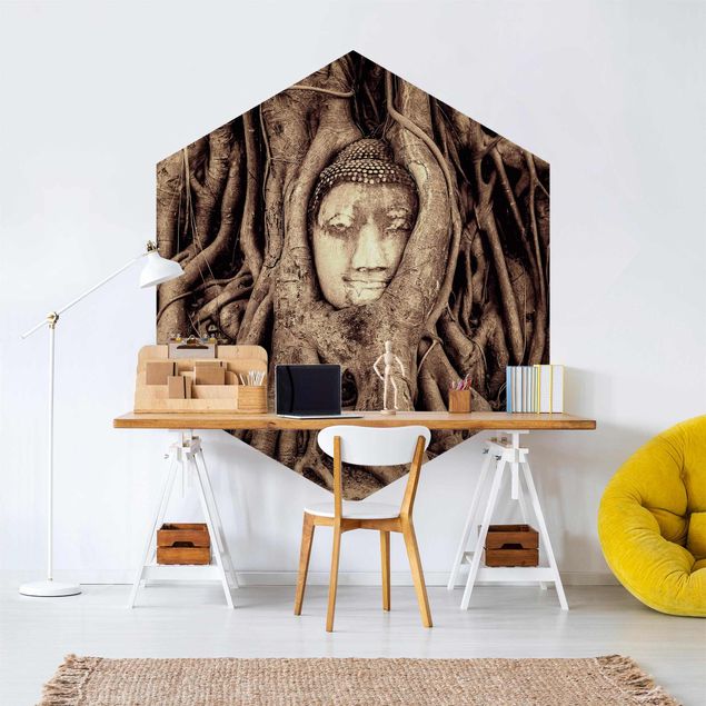 Self-adhesive hexagonal pattern wallpaper - Buddha In Ayutthaya Lined With Tree Roots In Brown