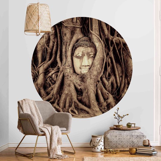 Self-adhesive round wallpaper - Buddha In Ayutthaya Lined From Tree Roots In Brown