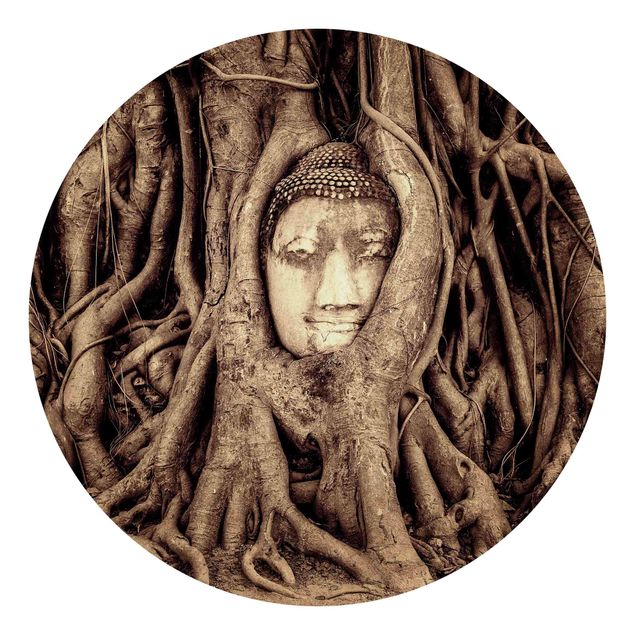 Self-adhesive round wallpaper - Buddha In Ayutthaya Lined From Tree Roots In Brown