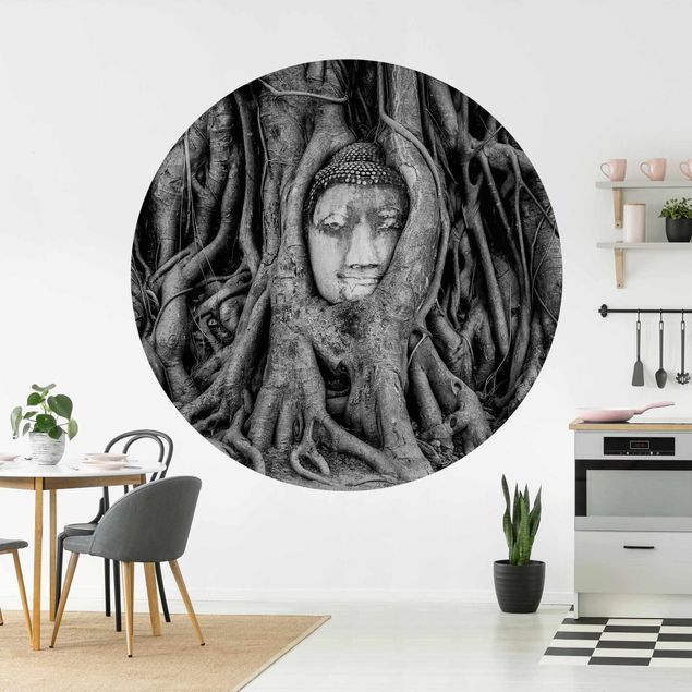 Self-adhesive round wallpaper - Buddha In Ayutthaya Lined From Tree Roots In Black And White