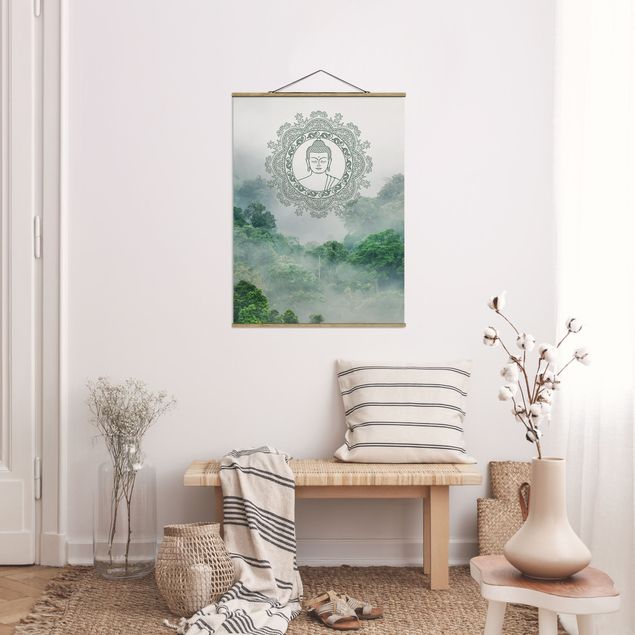 Fabric print with poster hangers - Buddha Mandala In Fog - Portrait format 3:4