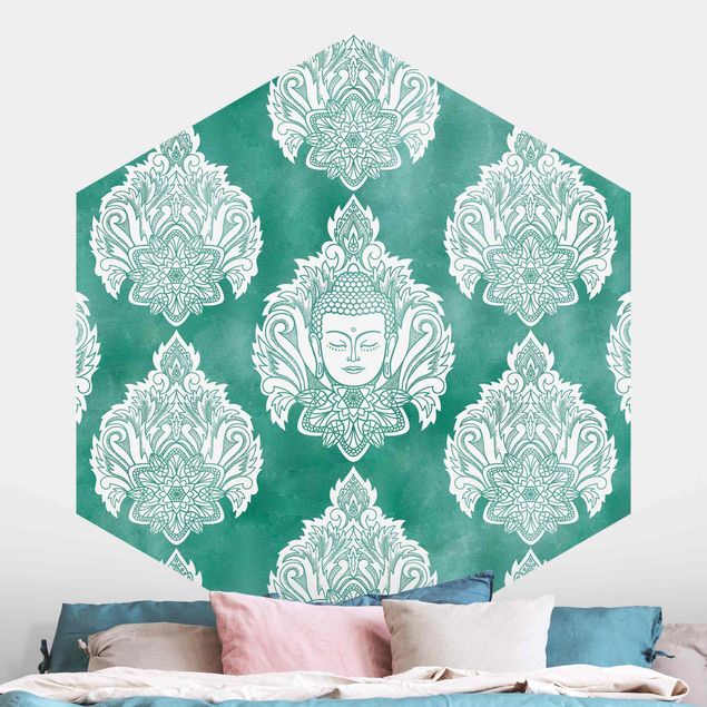 Hexagonal wallpapers Buddha And Lotus Emerald Pattern