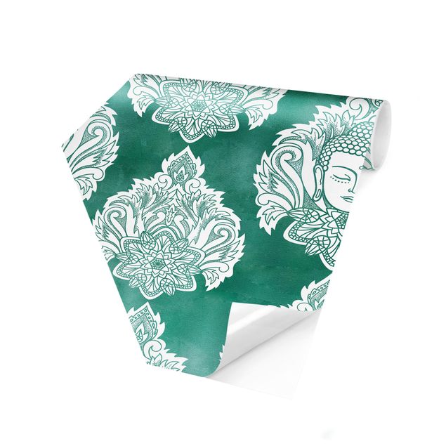Self-adhesive hexagonal pattern wallpaper - Buddha And Lotus Emerald Pattern