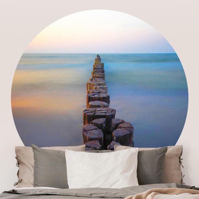 Self-adhesive round wallpaper - Groynes At Sunset At The Ocean