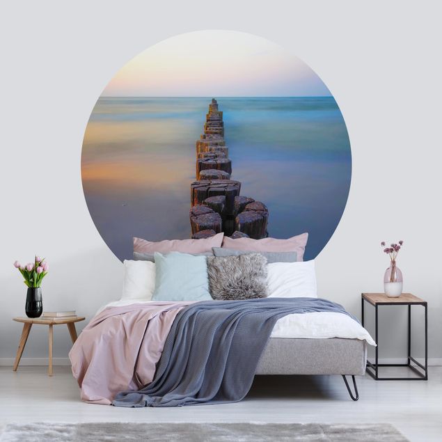 Self-adhesive round wallpaper - Groynes At Sunset At The Ocean