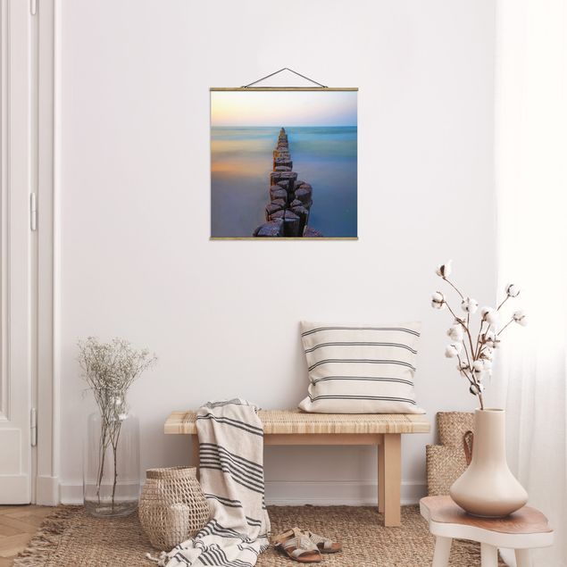 Fabric print with poster hangers - Groynes At Sunset At The Ocean - Square 1:1