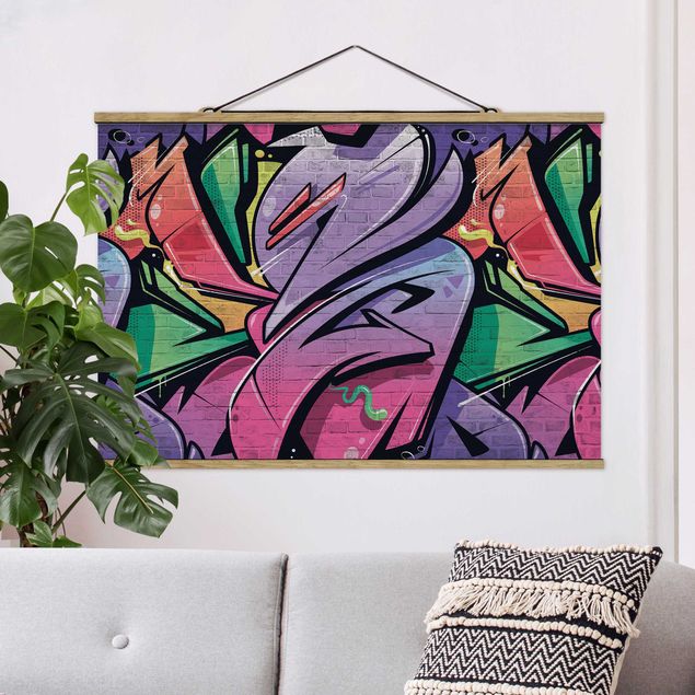 Fabric print with poster hangers - Colourful Graffiti Brick Wall - Landscape format 3:2
