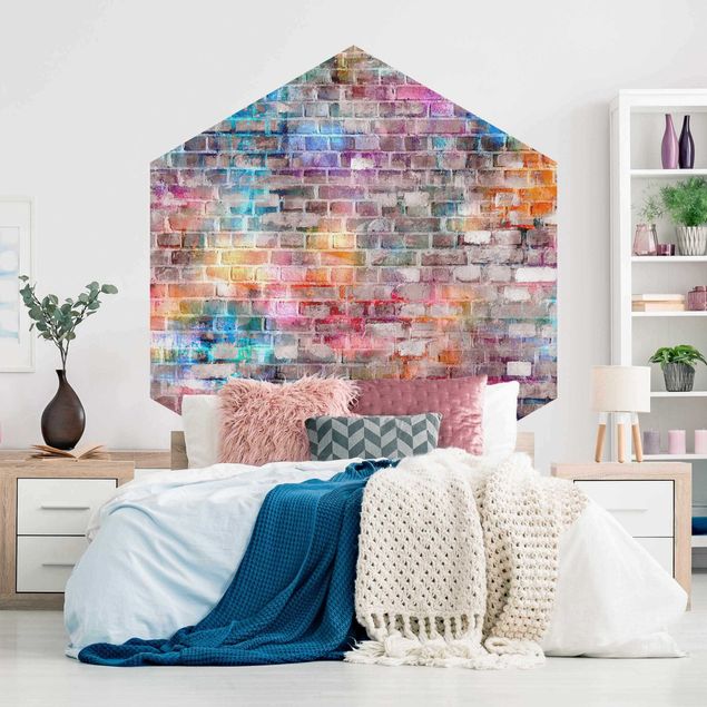 Self-adhesive hexagonal wall mural - Colourful Shabby Brick Wall