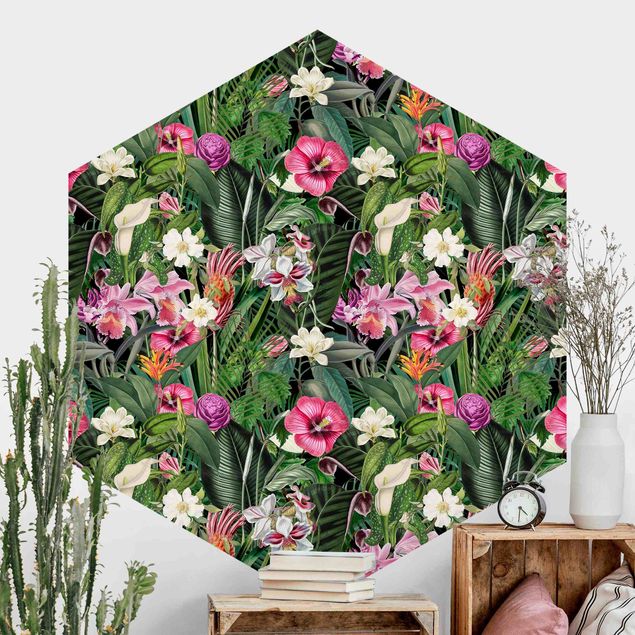 Self-adhesive hexagonal wall mural Colourful Tropical Flowers Collage