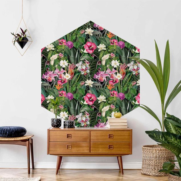 Self-adhesive hexagonal pattern wallpaper - Colourful Tropical Flowers Collage