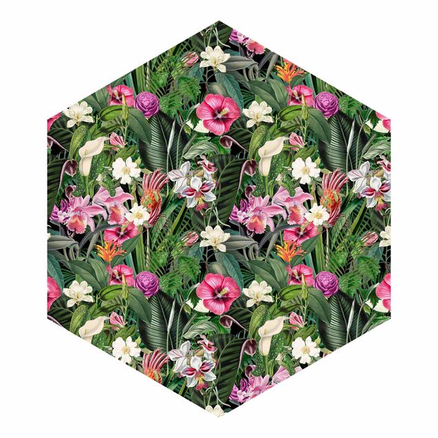 Self-adhesive hexagonal pattern wallpaper - Colourful Tropical Flowers Collage
