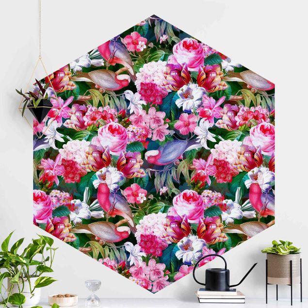 Hexagonal wallpapers Colourful Tropical Flowers With Birds Pink