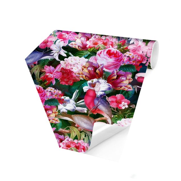 Self-adhesive hexagonal pattern wallpaper - Colourful Tropical Flowers With Birds Pink