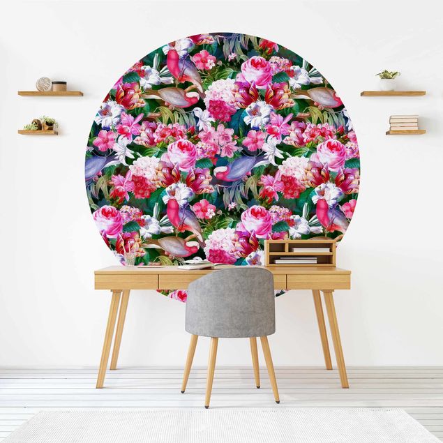 Self-adhesive round wallpaper - Colourful Tropical Flowers With Birds Pink