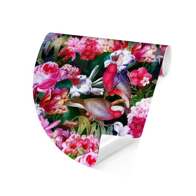 Self-adhesive round wallpaper - Colourful Tropical Flowers With Birds Pink