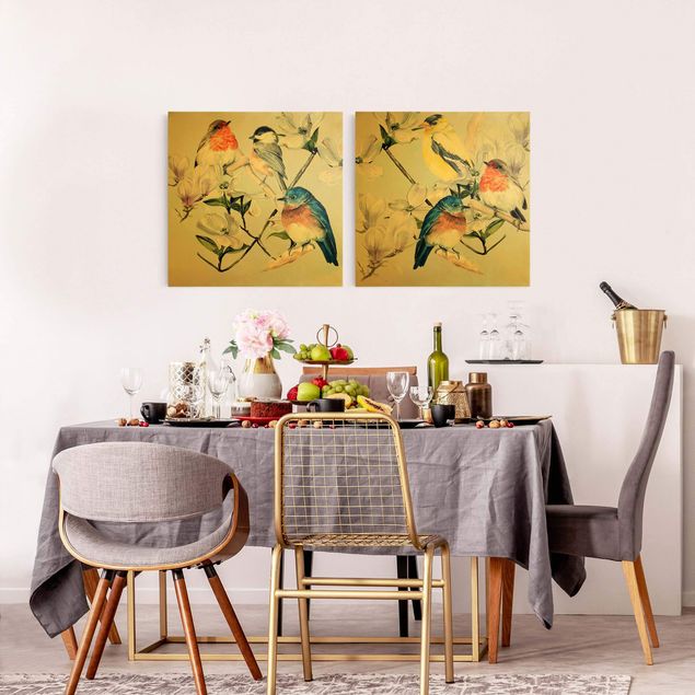 Print on canvas - Clolourful Birds On The Branch Of A Magnolia Set