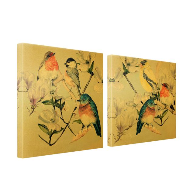 Print on canvas - Clolourful Birds On The Branch Of A Magnolia Set