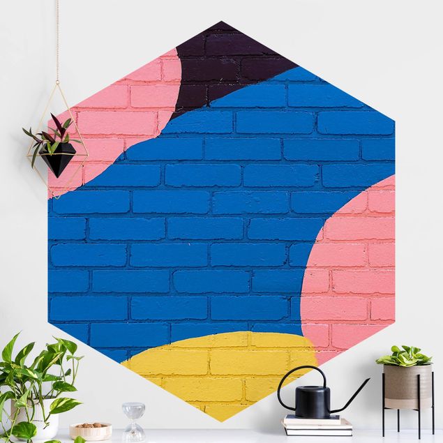 Hexagonal wallpapers Colourful Brick Wall In Blue And Pink