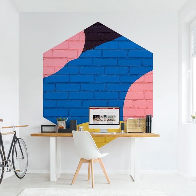 Self-adhesive hexagonal wall mural - Colourful Brick Wall In Blue And Pink