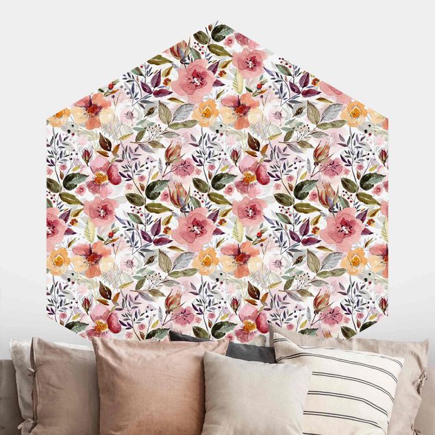 Hexagonal wallpapers Colourful Flower Mix With Watercolour
