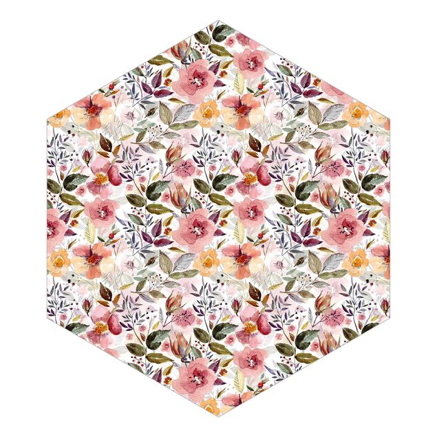 Self-adhesive hexagonal pattern wallpaper - Colourful Flower Mix With Watercolour