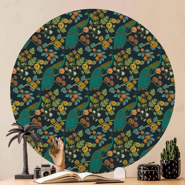 Self-adhesive round wallpaper - Colourful Peacock Garden