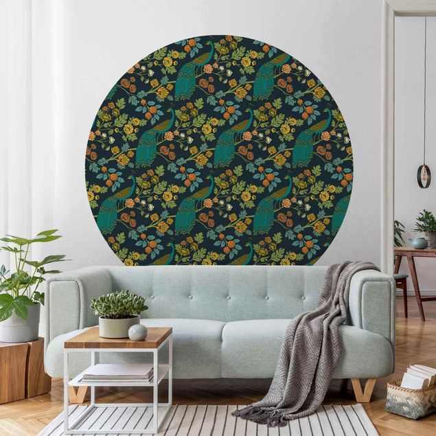 Self-adhesive round wallpaper - Colourful Peacock Garden