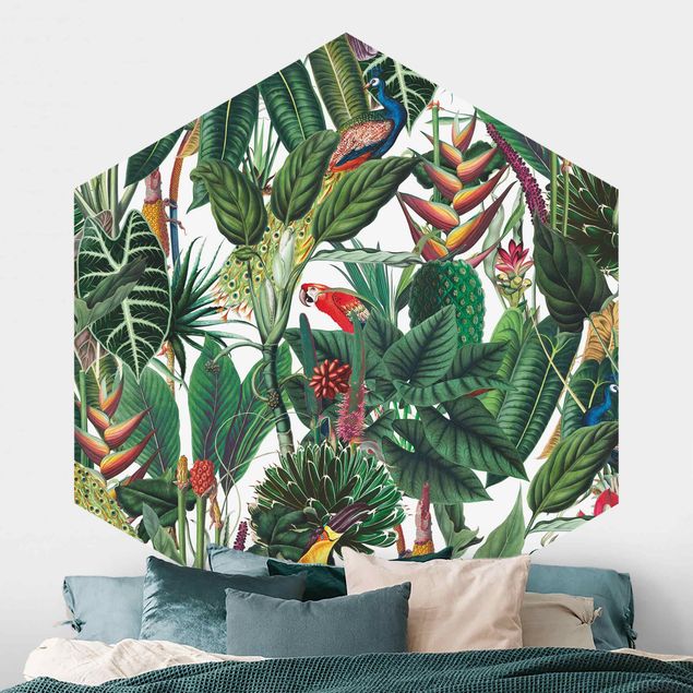 Hexagonal wallpapers Colourful Tropical Rainforest Pattern